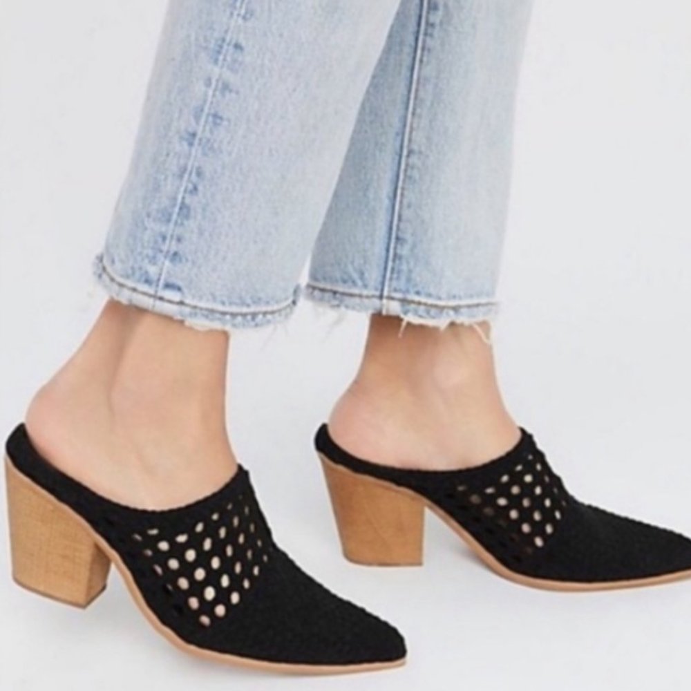 Jeffrey Campbell Black Crochet Perforated Mule Heels with Tan Block Heel
